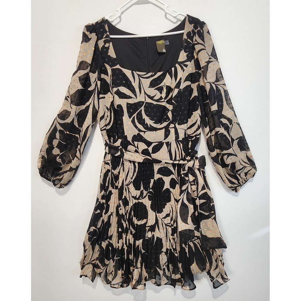 Taylor Women's Size 14 Floral Pleated Dress Black/Beige Gold Tie Waist Party